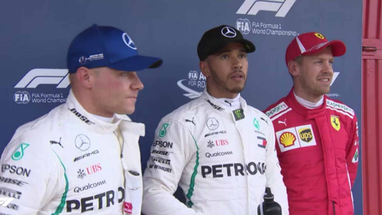 F1, qualifiche Spagna: prima fila Mercedes con Hamilton in pole, Vettel e Raikkonen in seconda fila
