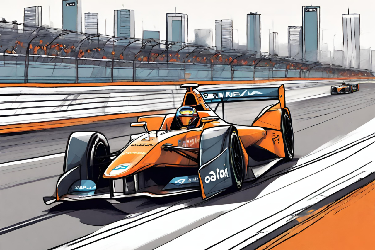 Disegno della monoposto arancione McLaren, vincente in Formula E a Sao Paulo - AI Generated