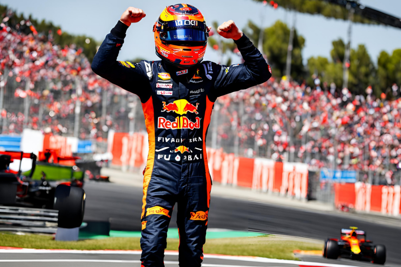 Festeggia l'ennesima vittoria della stagione Max Verstappen nel GP della Spagna - AI Generated